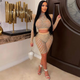 Sexy Tight Fit Mesh See-Through Long Sleeve Rhinestone Crop Top Shorts Two-Piece Suit