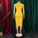 Solid Short Sleeve Office Bodycon Midi Dress