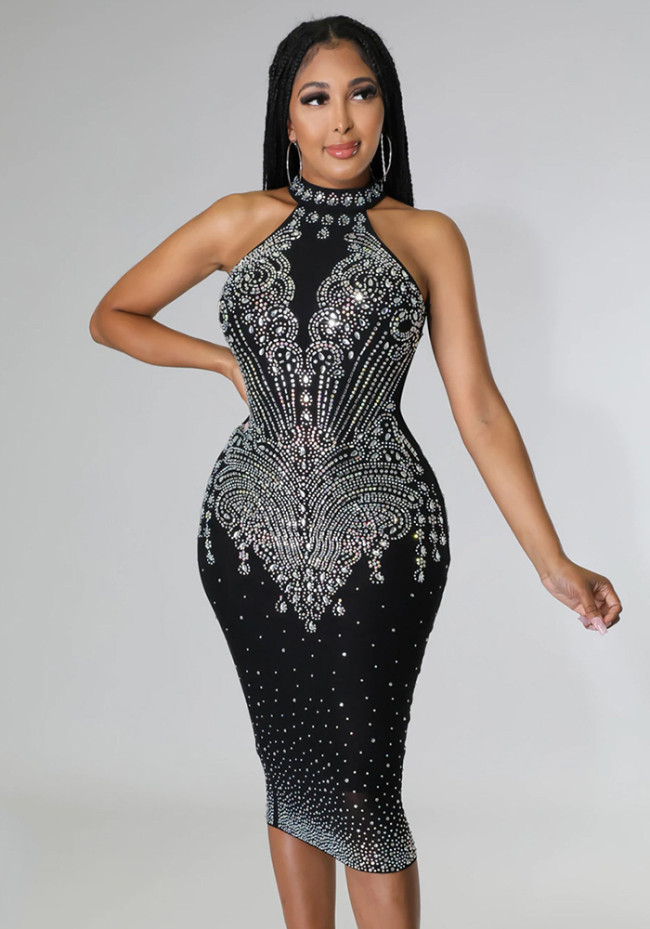 Sexy Black Club Sleeveless Halter Neck Rhinestone Midi Dress