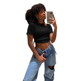 Summer Solid Drawstring Cutout Short Sleeve Crop Top