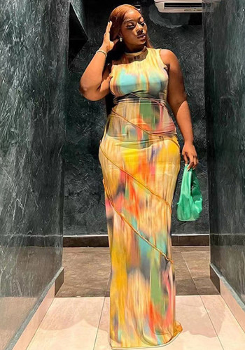 Tie Dye Sleeveless Print Bodyon Maxi Dress