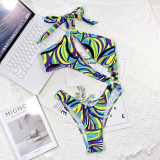 Multi Color Print O-ring One Piece Swimsuit Hollow Out Bikini