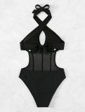 Sexy Halter Cross Neck One Piece Solid Mesh Patchwork Swimsuit
