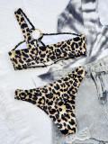 Leopard One Shoulder O-Ring Hollow Out Sexy Bikini Set