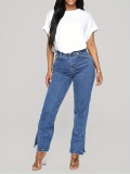 Trendy Jeans Blue Denim Straight Leg Slit Bottom Pants