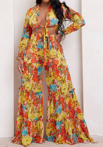 Fashion Print Tie Front Crop Top and Flare Pants Two-Piece Set
