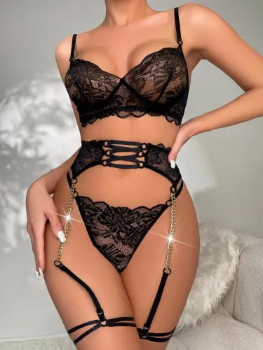 Sexy Garter Lingerie Set Black Lace Bra Patie Underwear