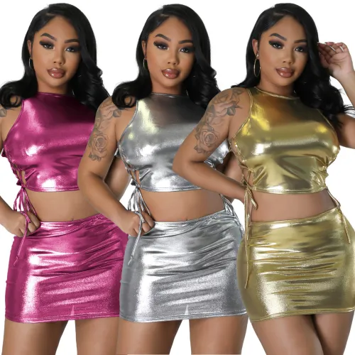 Sexy Shiny 2PCS Set Lace Up Sleeveless Crop Top and Bodycon Skirt