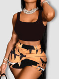 Holiday Two Piece Shorts Set Solid Tank Crop Top and Print Shorts