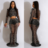 Trendy Long Sleeve Rhinestone Mesh Crop Top Long Skirt 2PCS Set
