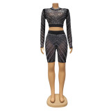 Sexy Tight Fit Mesh See-Through Long Sleeve Rhinestone Crop Top Shorts Two-Piece Suit