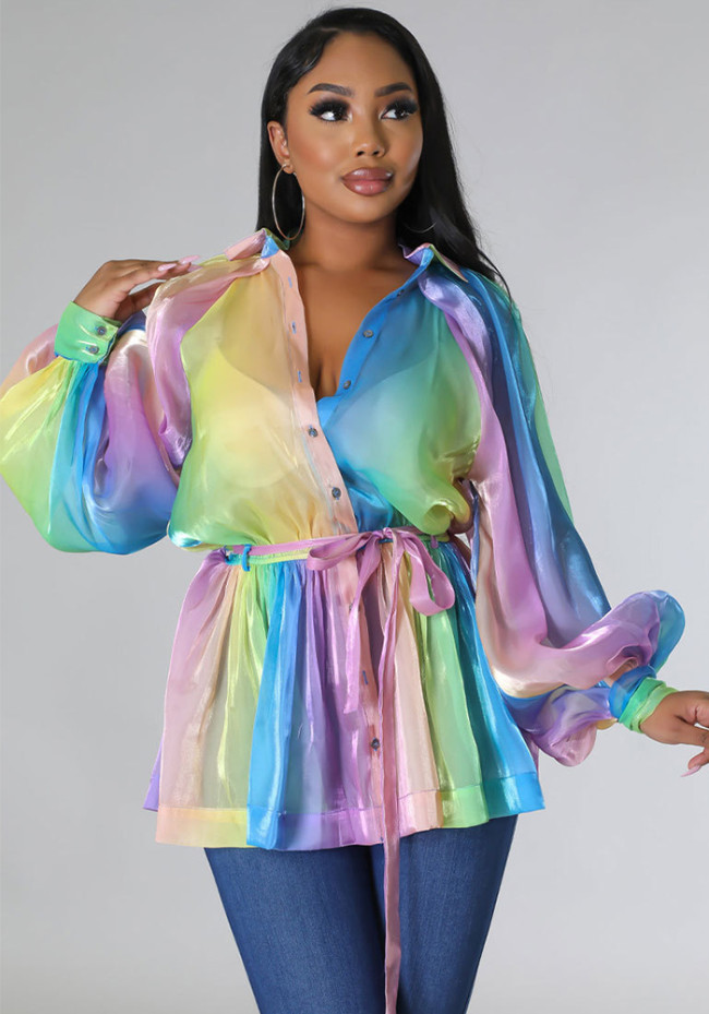 Gradient Colorful Puff Sleeve Tie Waist Shirt