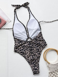 Sexy Leopard Halter Plunge Hollow O-Ring One Piece Swimsuit