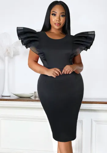 Black Round Neck Mesh Patchwork Flutter Sleeve Midi Bodycon Dress
