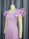 Elegant Chic Lilac Square Neck Career Pleated Dress