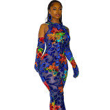 Print High Stretch Tight Sexy Sleeveless Jumpsuit with Gloves