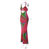 Fashion Print Twist Cutout Low Back Halter Maxi Dress