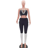 Fashion Casual Patchwork Strapless Lace-Up 2 Piece Pants Set