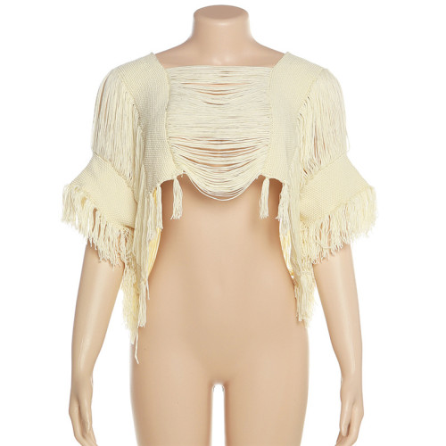Knitted Irregular Hollow Out Tassel Beach Blouse Cover Up