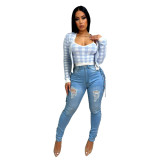 Ladies Light Blue Ripped Lace-Up Stylish Jeans