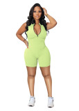 Solid Sleeveless Contrast Zipper Tight Rompers
