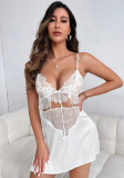 White Deep V Hollow Out Lace Patchwork Slit Cami Nightdress