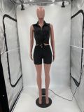 Solid High Stretch Sleeveless Cropped Shirt Casual Two Piece Shorts Set