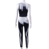 Fashion 2PCS Print Sleeveless Round Neck Crop Top + Pants Set