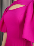 Hot Pink Balloon Sleeve Cutout Pleated Dress
