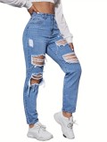 Ripped Holes Trendy Jeans High Waist Ladies Denim Pants