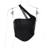 Black One-shoulder Slim Fit Sleeveless Crop Top