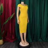 Solid Short Sleeve Office Bodycon Midi Dress