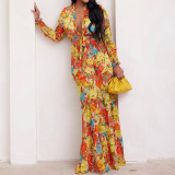 Fashion Print Tie Front Crop Top and Flare Pants Two-Piece Set
