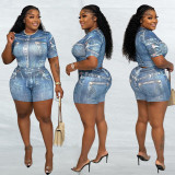 Fashion 2-Piece Set Print Fake Denim Short Sleeve Top & Shorts