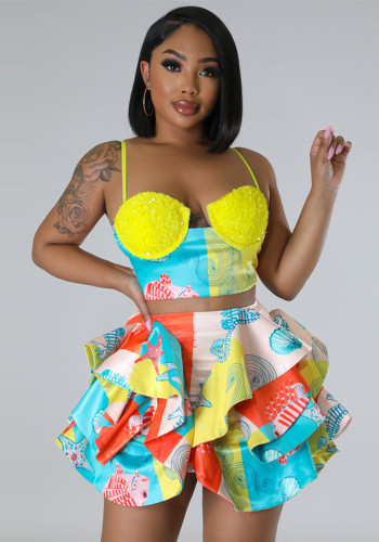 Sexy Print Sequin Cami Crop Top and Skirt 2-Piece Set
