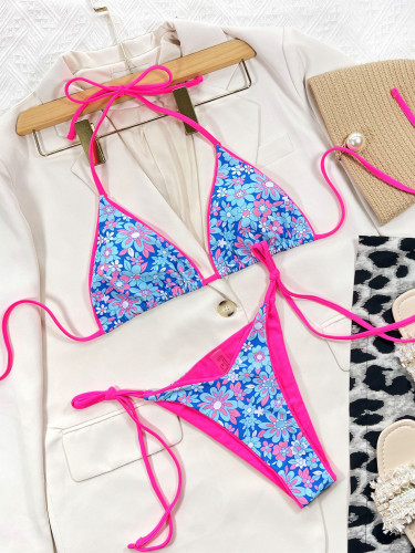 Floral Contrast Triangle Tie Sides Bikini Set