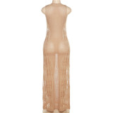 Sexy Solid Sleeveless Knitted Hollow Long Beach Dress