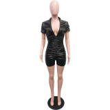 Solid Short Sleeve Ruched High Stretch PU Leather Rompers