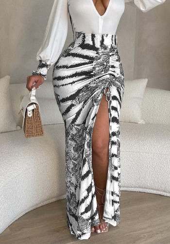 White Black Printed Ruched Long Slit Skirt