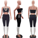 Fashion Casual Patchwork Strapless Lace-Up 2 Piece Pants Set