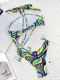 Multi Color Print O-ring One Piece Swimsuit Hollow Out Bikini