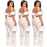 White Lace Off Shoulder Crop Top +Flare Ruffle Pants 2PCS Set