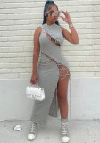 Gray Sleeveless Lace-Up Hollow Out Slit Sexy Long Dress