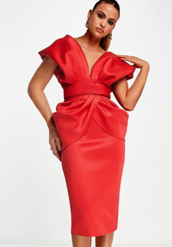 Red V-Neck Bodycon Midi Dress