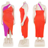 Plus Size Ribbed Contrast Color Slash Shoulder Zip Slit Midi Dress