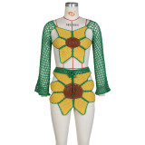 Ladies Beach Two Piece Set Sexy Crocheted Sunflower Top & Skirt