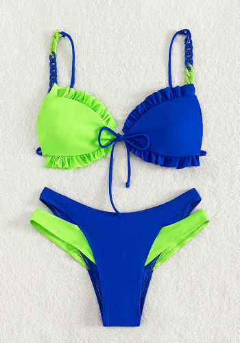 Contrast Color Ruffle Two Piece Swimwear