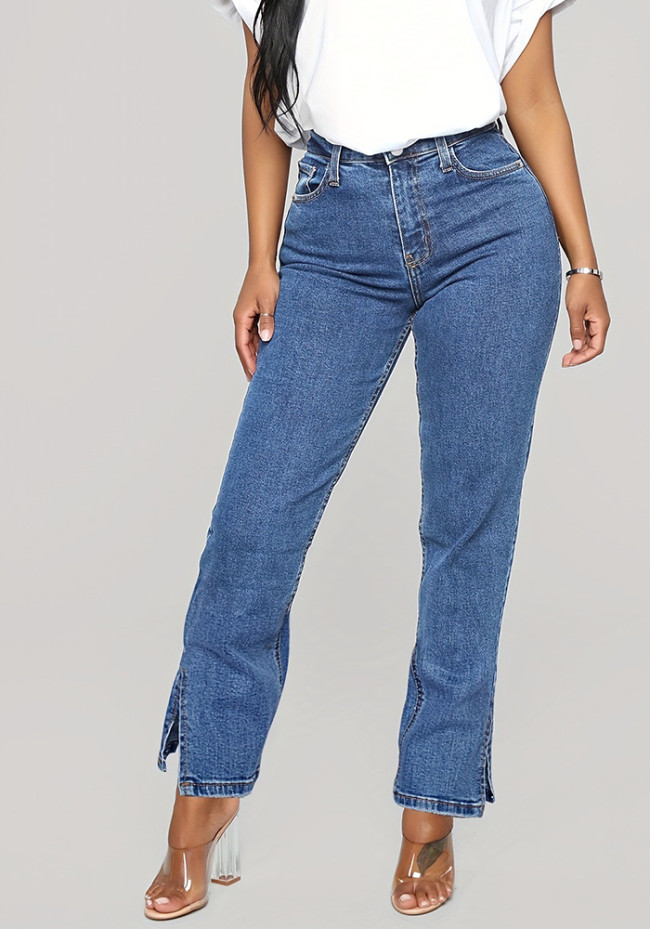 Trendy Jeans Blue Denim Straight Leg Slit Bottom Pants