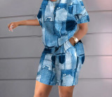Printed Loose Short Sleeve Shorts 2 Piece Set for Women
