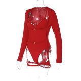 Red Long Sleeve V-neck Nightclub Sexy Cut Out Bodysuit Lingerie
